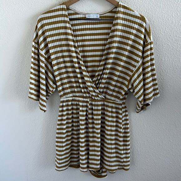 Urban Outfitters Mustard White Striped Romper V Neck Soft Stretchy Small - Picture 1 of 7